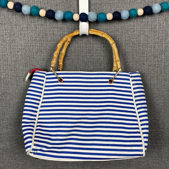 Nautical Navy and White Striped Purse with Bamboo Handles - Picture 5 of 17